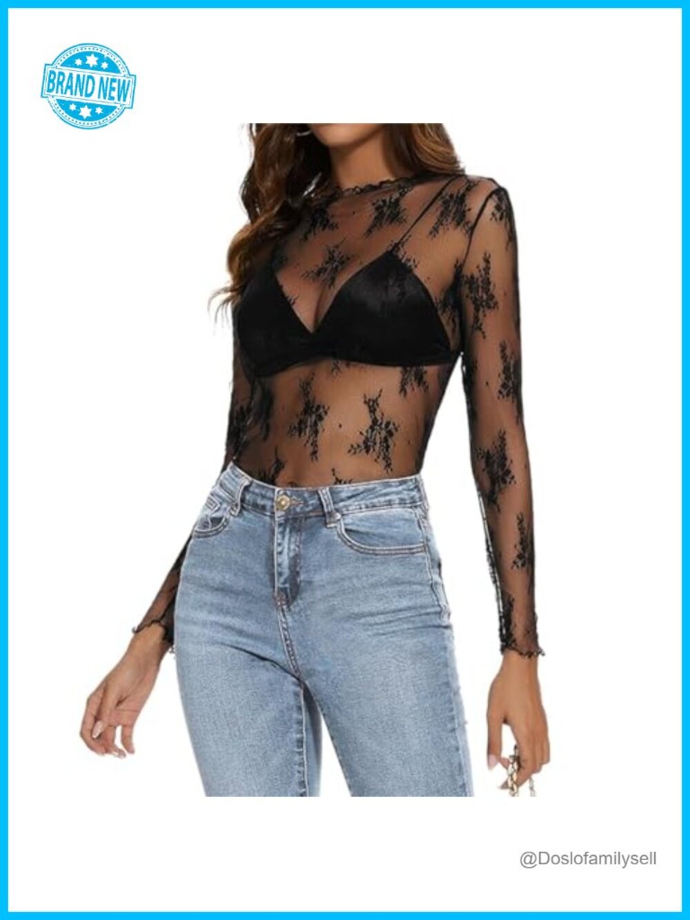 Sheer Floral Lace Mesh Top Mock Neck Long Sleeve Blouse